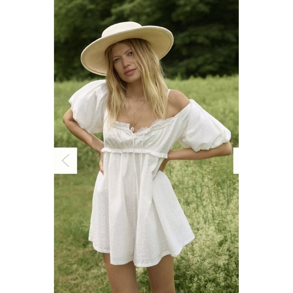 Anthropologie Pilcro Puff-Sleeve Babydoll Romper Small White Women's Cotton Mini